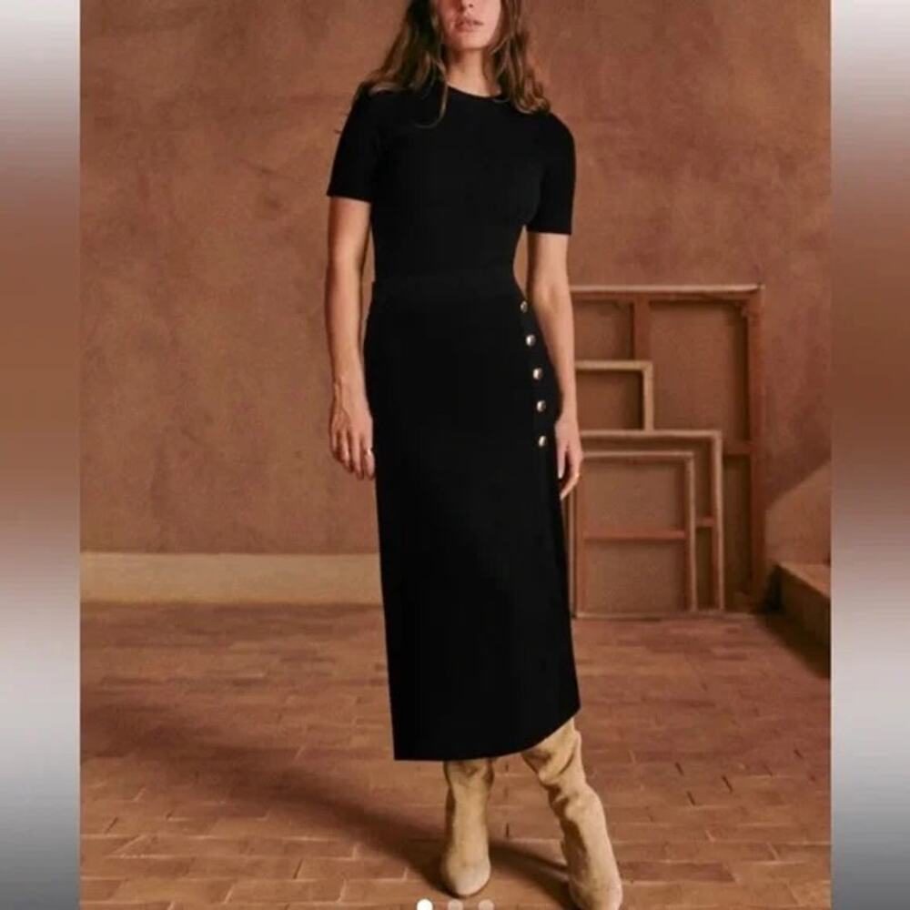 Sezane Mattia Midi Skirt Black A-Line Womens Medium Parisian Chic